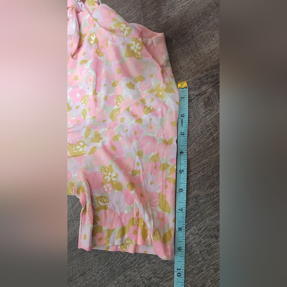 60s Vintg Midi Dress Womens 4 Pink Purple Tan Retro Floral Full Skirt Bow Detail - Picture 12 of 13